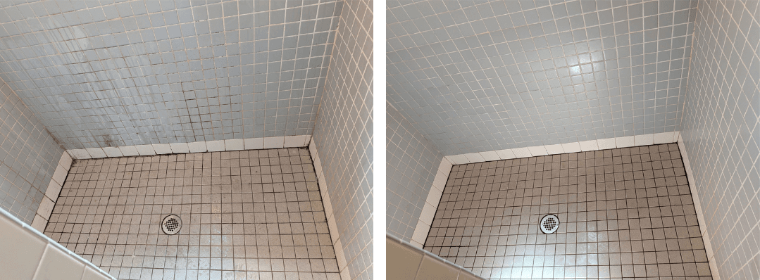 Before and after: shower with soap scum, mildew, and stained grout cleaned to bright, sparkling tiles