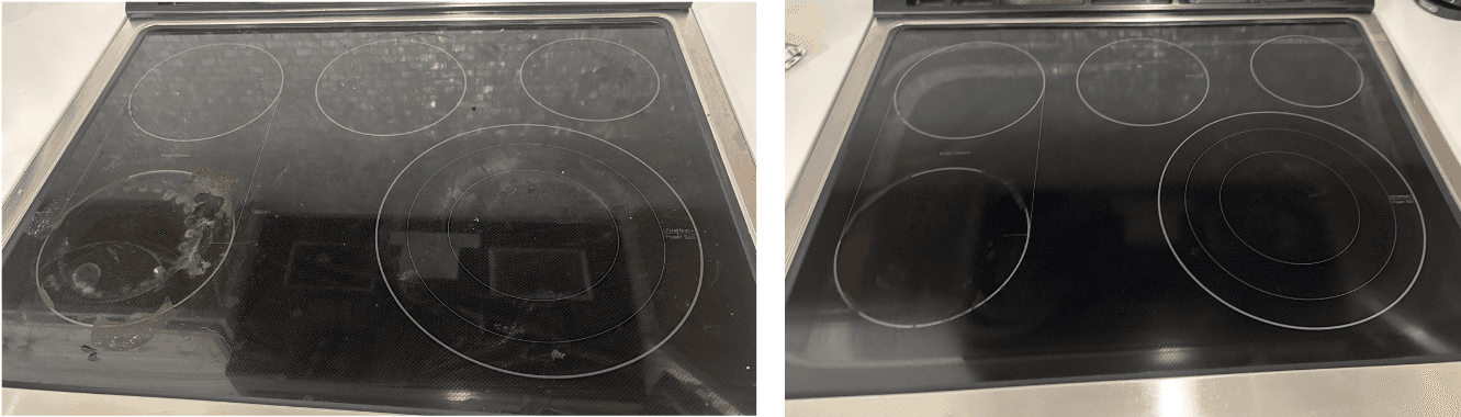 Before and after: burnt-on residue on a glass stovetop removed for a clear, polished surface