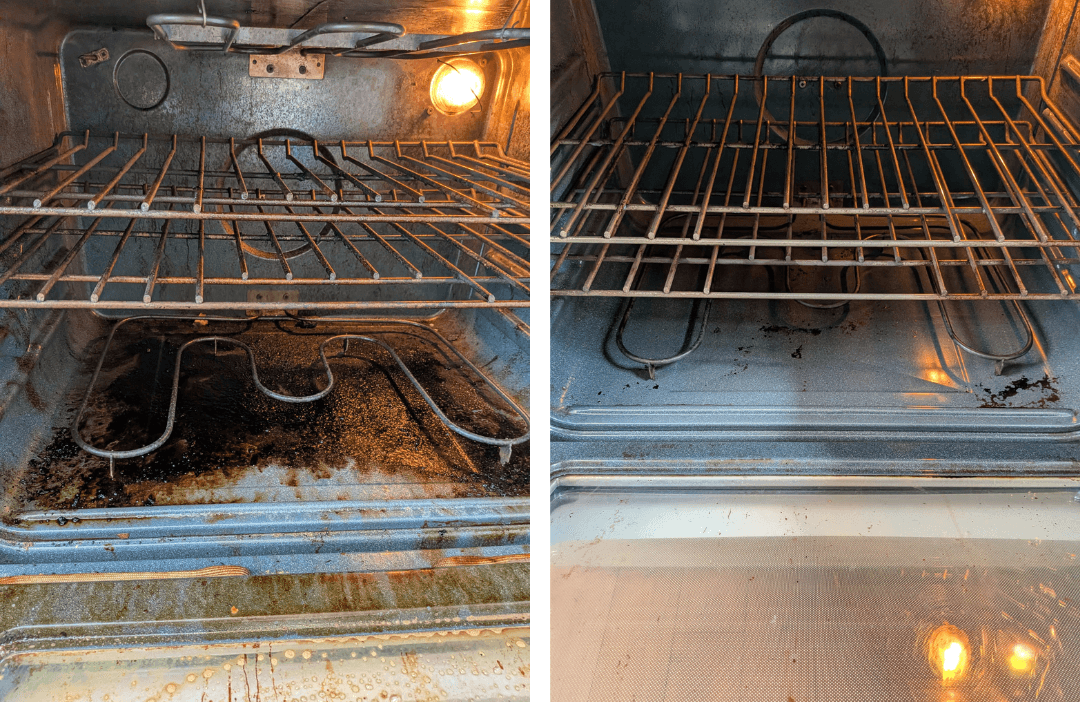 Before and after: oven with thick burnt-on grease and carbon buildup restored to a spotless, like-new interior