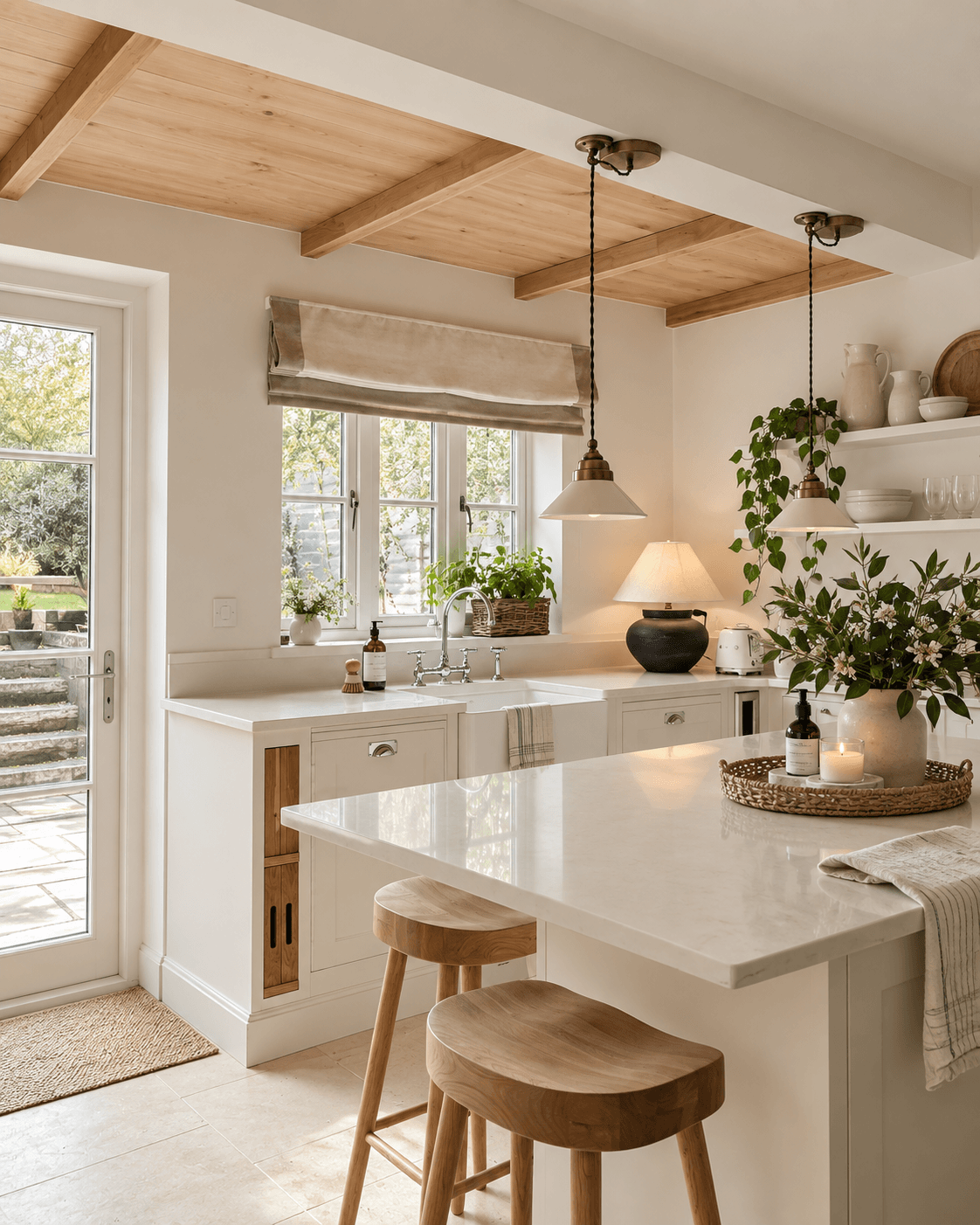 Sunlit, professionally cleaned Hillsboro kitchen with white marble counters and warm wood accents