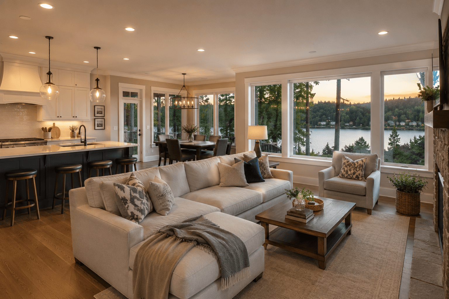 Bright Lake Oswego living room with lake views after a professional Golden Hour house cleaning