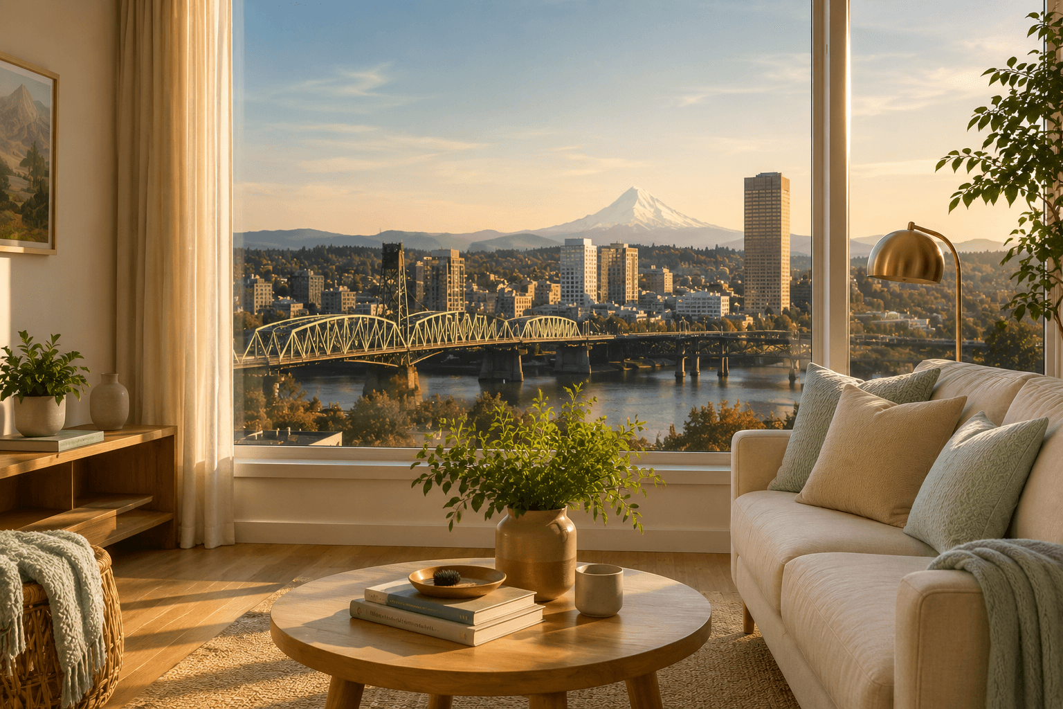 Bright Portland living room with skyline view after a professional Golden Hour house cleaning