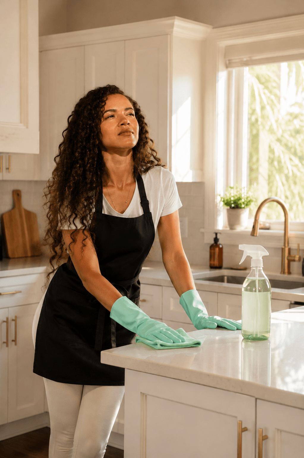 Golden Hour Cleaning Co. team member in a bright, freshly cleaned kitchen