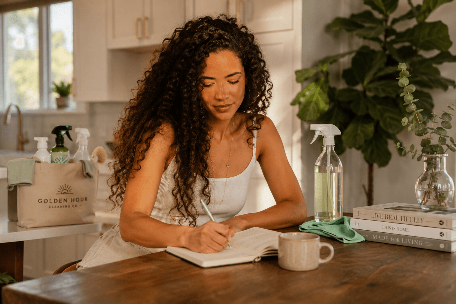 Jasmin Heart writing in a journal at home with Golden Hour Cleaning Co. supplies nearby