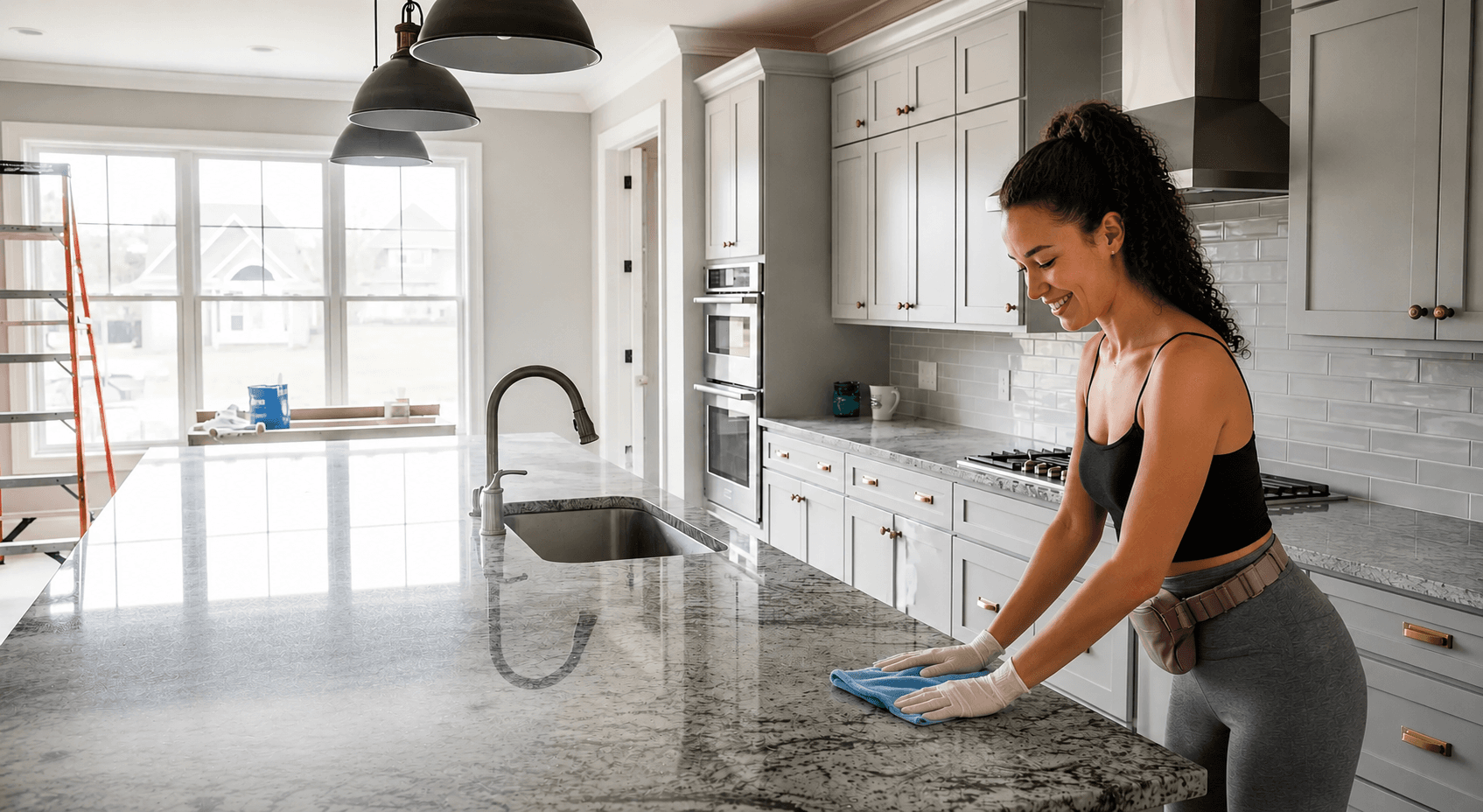 A Golden Hour cleaner wiping down a kitchen island during a post-construction cleaning