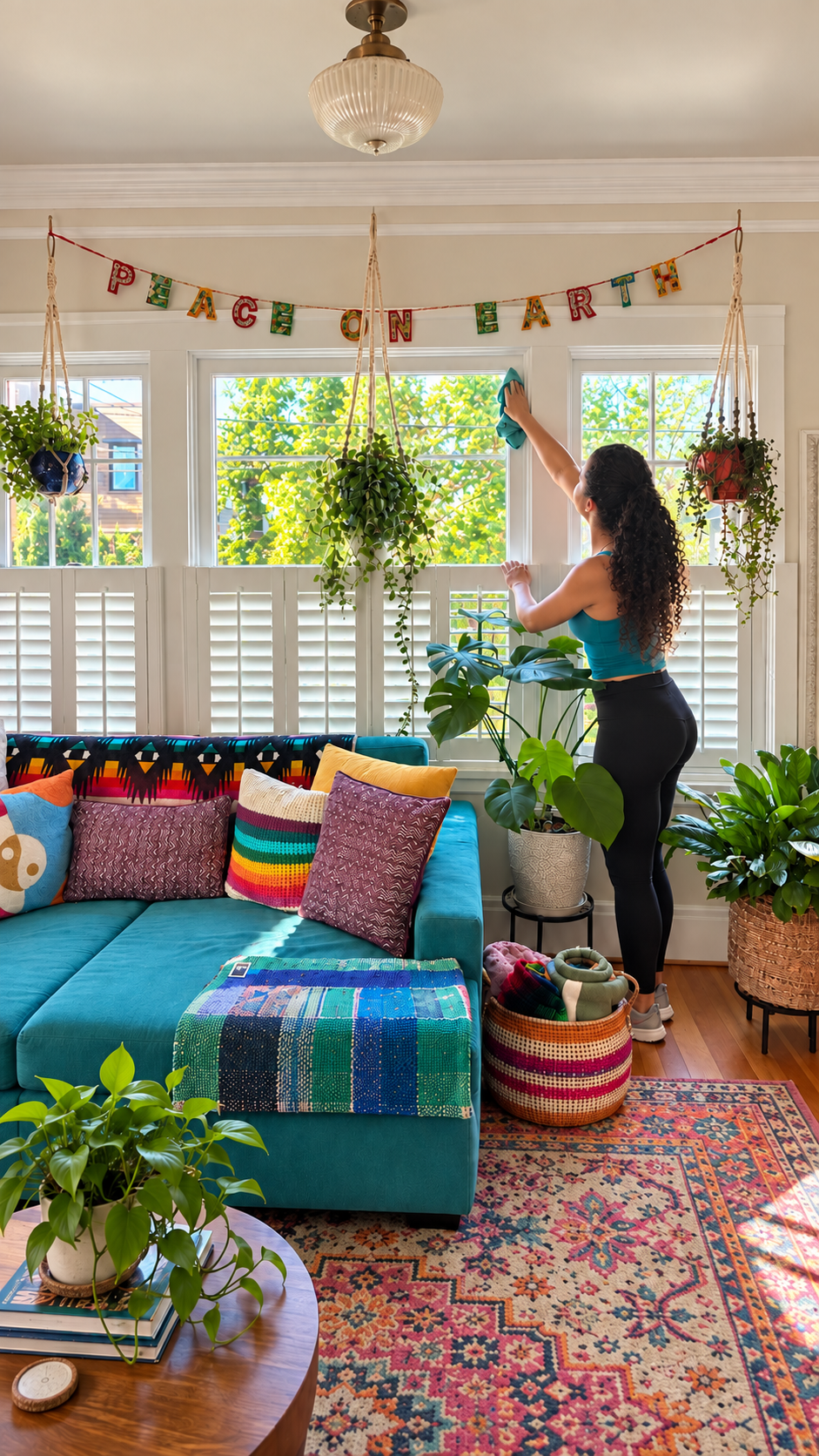A Golden Hour cleaner wiping a sunlit living room window