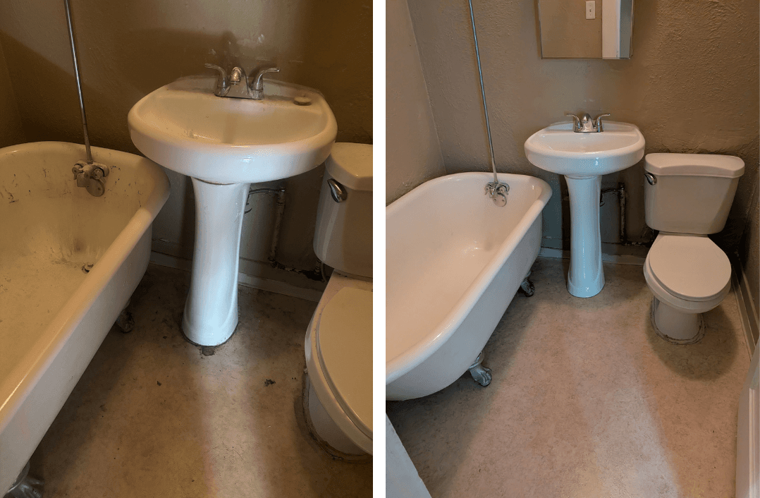 Before and after: dated bathroom with grimy fixtures transformed into a bright, clean space with sparkling white tub, sink, and toilet