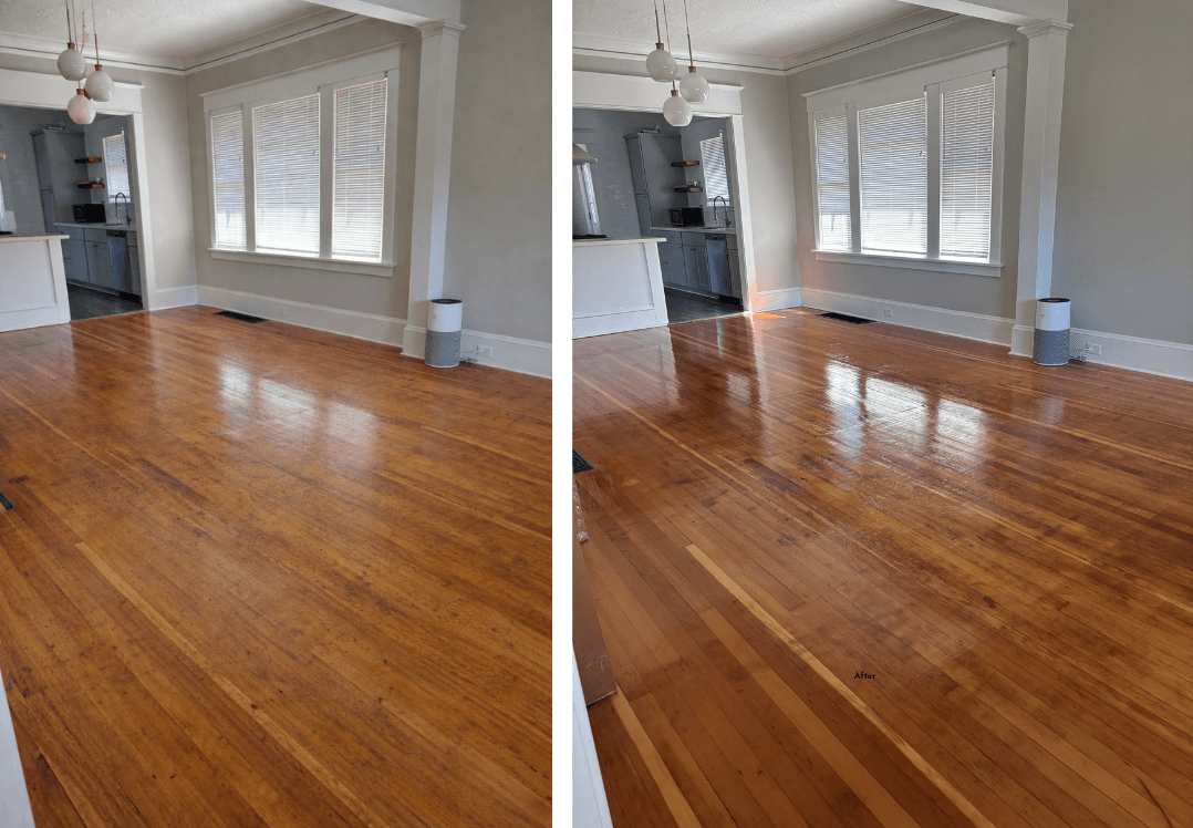 Before and after: dull hardwood floors restored to a polished, reflective shine