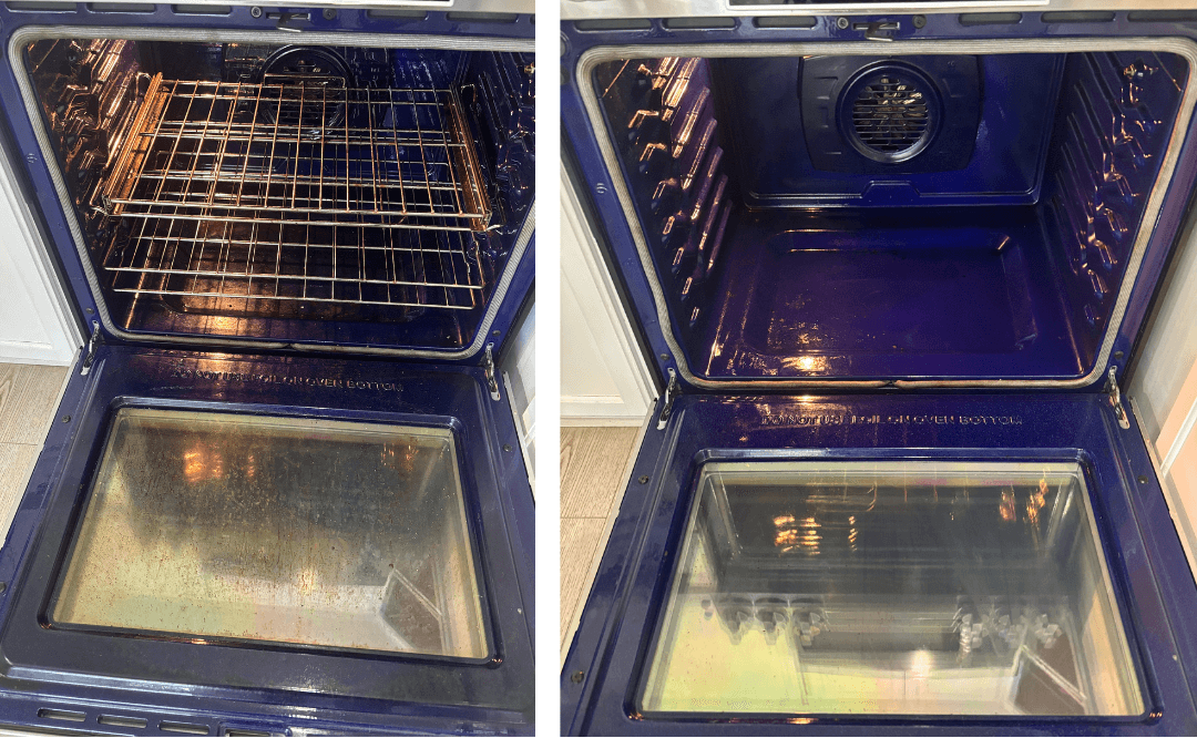 Before and after: greasy oven interior and door glass cleaned to a spotless finish