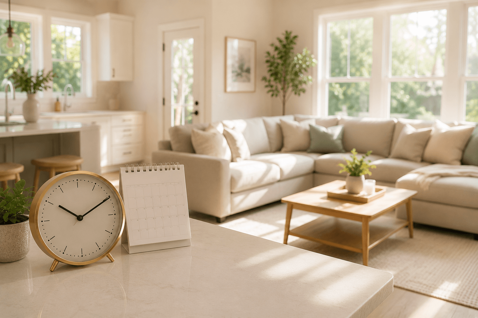 Clock and calendar on a kitchen counter in a bright, clean home