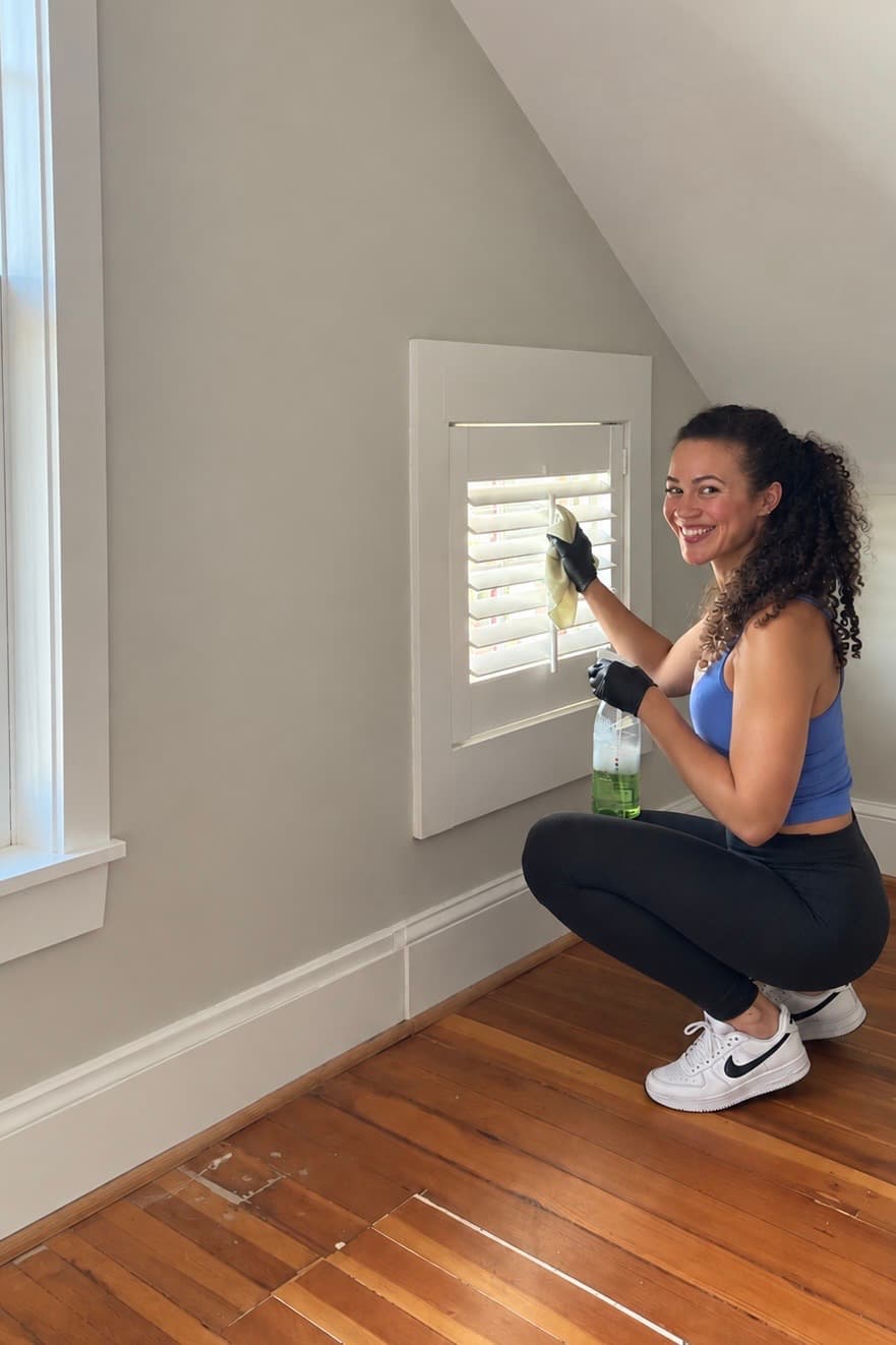 A Golden Hour cleaner smiling while wiping white shutters during a move-out clean