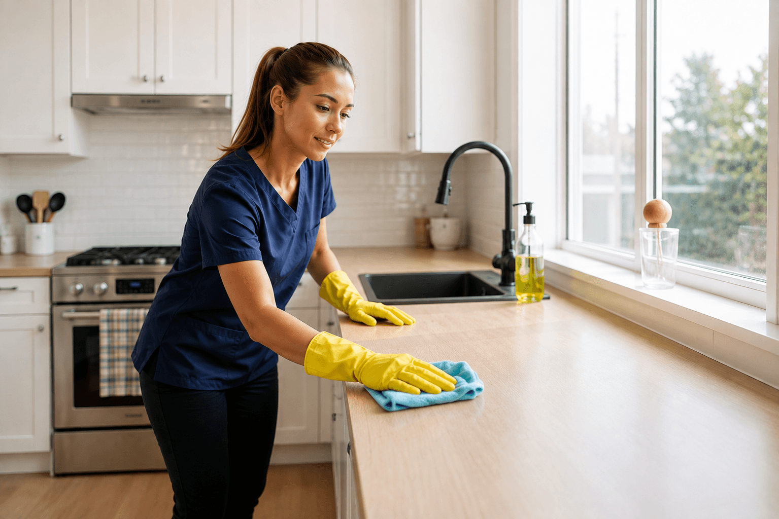 A Golden Hour cleaner wiping a kitchen countertop during a detailed restoration cleaning